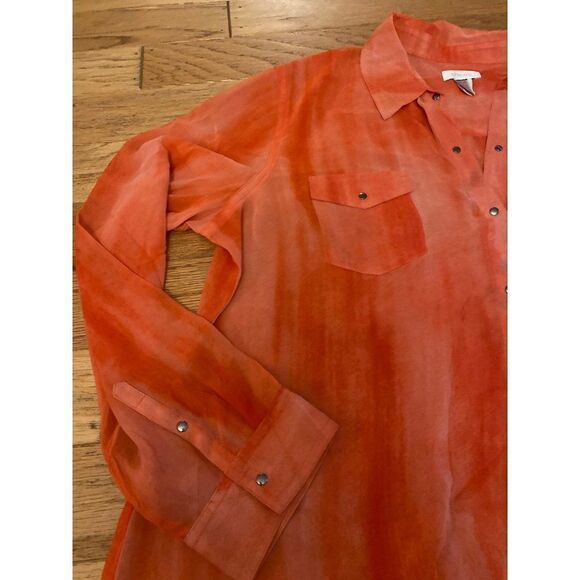 Chico's women's sheer coral button snap collared long sleeve blouse size 2 - Picture 2 of 8
